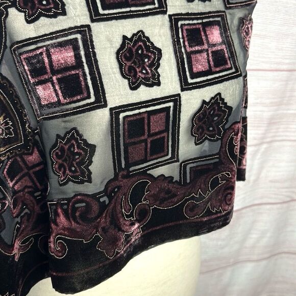 Dark Burgundy Scarf Shawl Burnout Velvet Silk Lined Fringes - Picture 9 of 14